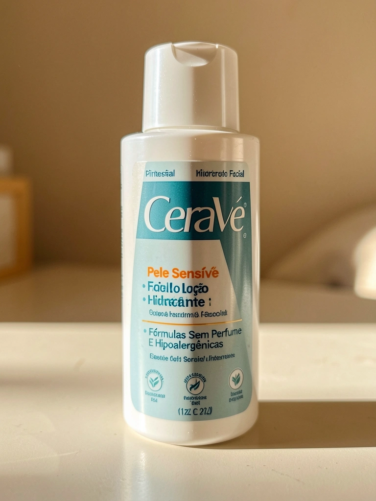 Frasco branco da Cerave Loção Hidratante Facial sobre superfície clara, com luz natural refletindo, fundo bege desfocado.