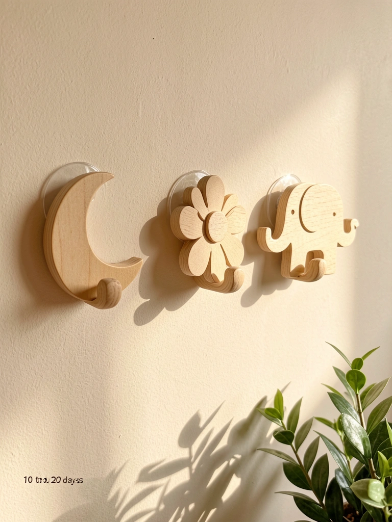 Ganchos de madeira clara em formato de lua, flor e elefante com ventosas em parede bege, planta verde no canto direito, luz natural.
