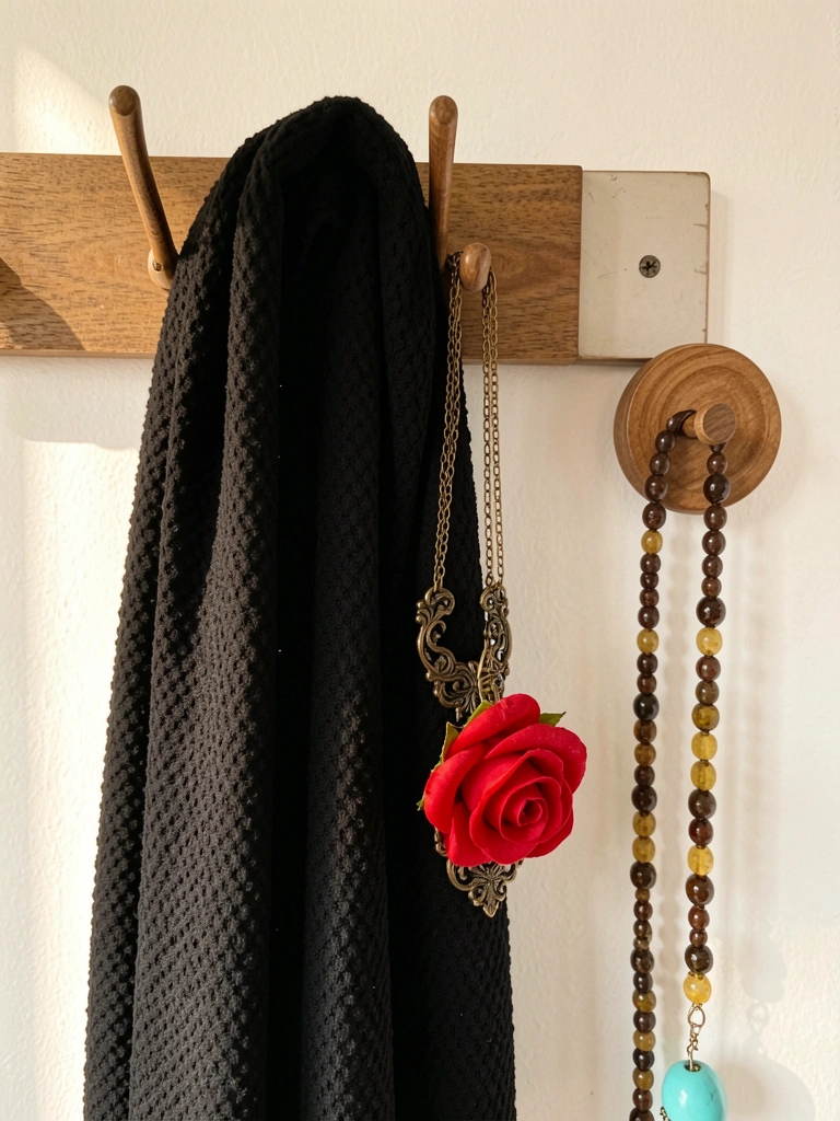 Cachecol preto texturizado pendurado em gancho de madeira na parede, colar de bronze antigo e rosa vermelha artificial ao lado, luz suave criando sombras.