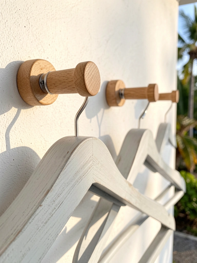 Dois ganchos de madeira com suporte de metal presos na parede branca segurando cabides de madeira cinza claro, luz natural.