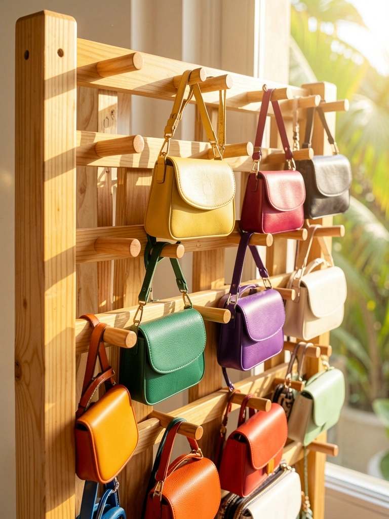 Múltiplas bolsas de couro coloridas penduradas em cabides de madeira clara de um organizador suspenso, com luz natural suave ao fundo.