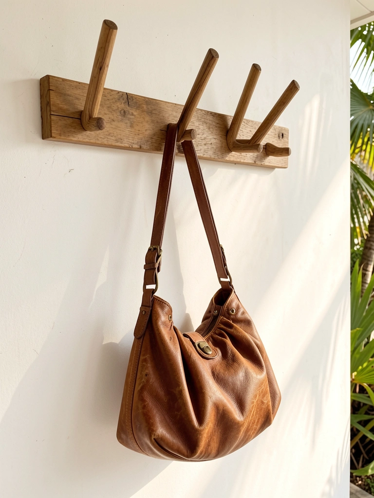 Suporte de madeira rústica com cinco ganchos verticais em parede branca, bolsa de couro marrom pendurada com fecho de latão, luz natural do dia.