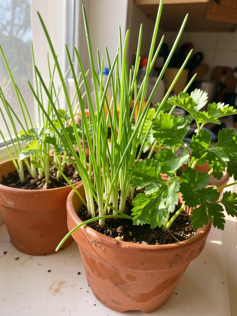 Dois vasos pequenos de cerâmica com cebolinha e salsinha verdes sobre uma bancada de madeira.