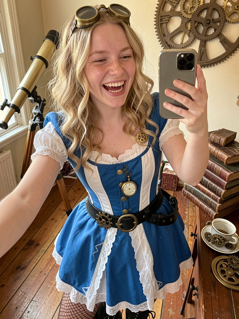 Mulher vestindo fantasia steampunk de Alice, com espartilho de couro, óculos de aviador e saia rodada, em fundo industrial.