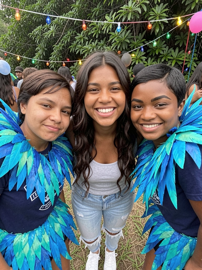 Mulheres com fantasias brasileiras coloridas, dançando em uma festa animada.