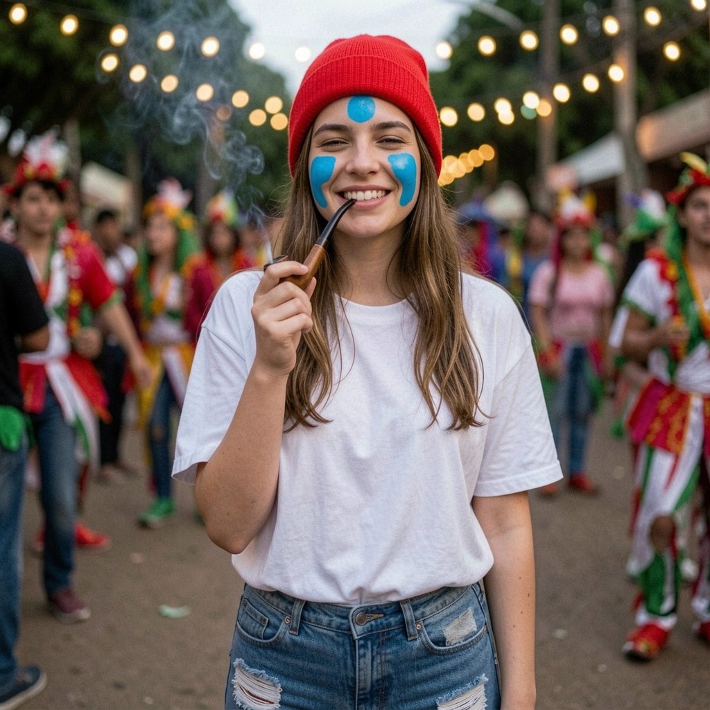 Pessoa com gorro vermelho, calça remendada e cachimbo, em pose descontraída.