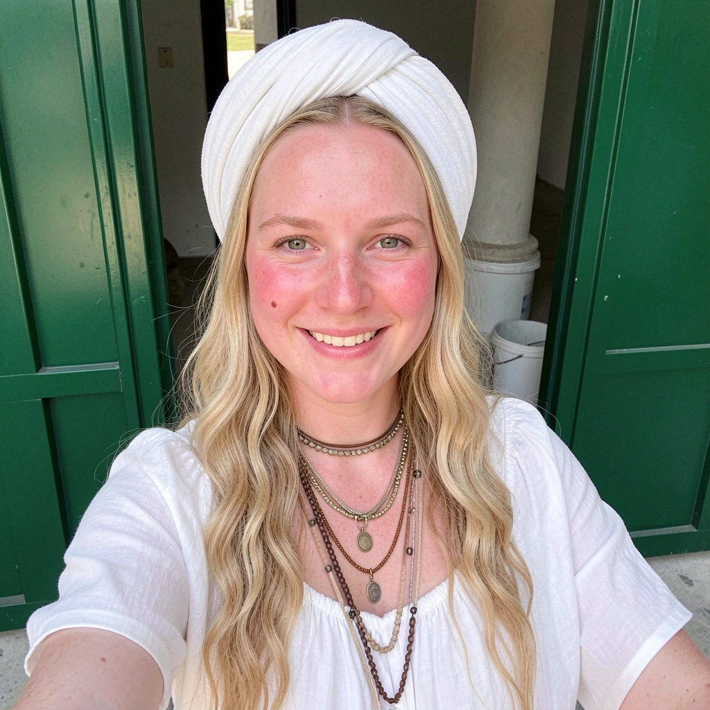 Mulher com vestido branco rodado, colares dourados e turbante branco.