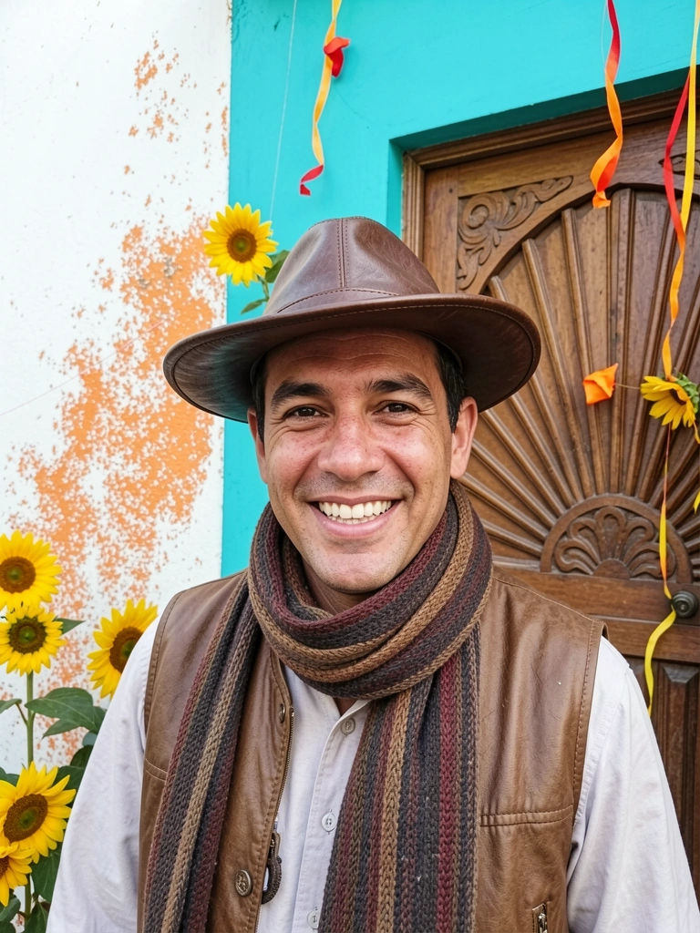 Homem usando chapéu de couro, gibão e lenço vermelho no pescoço.