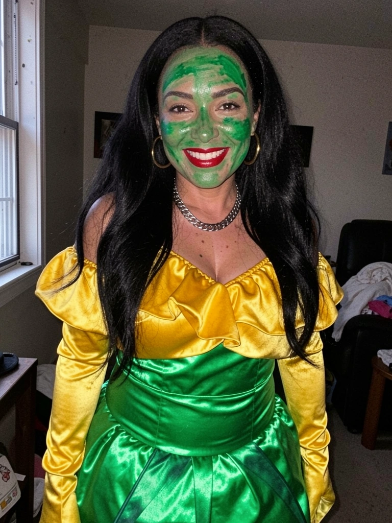 Mulher com cauda verde e longos cabelos negros em pose dramática.