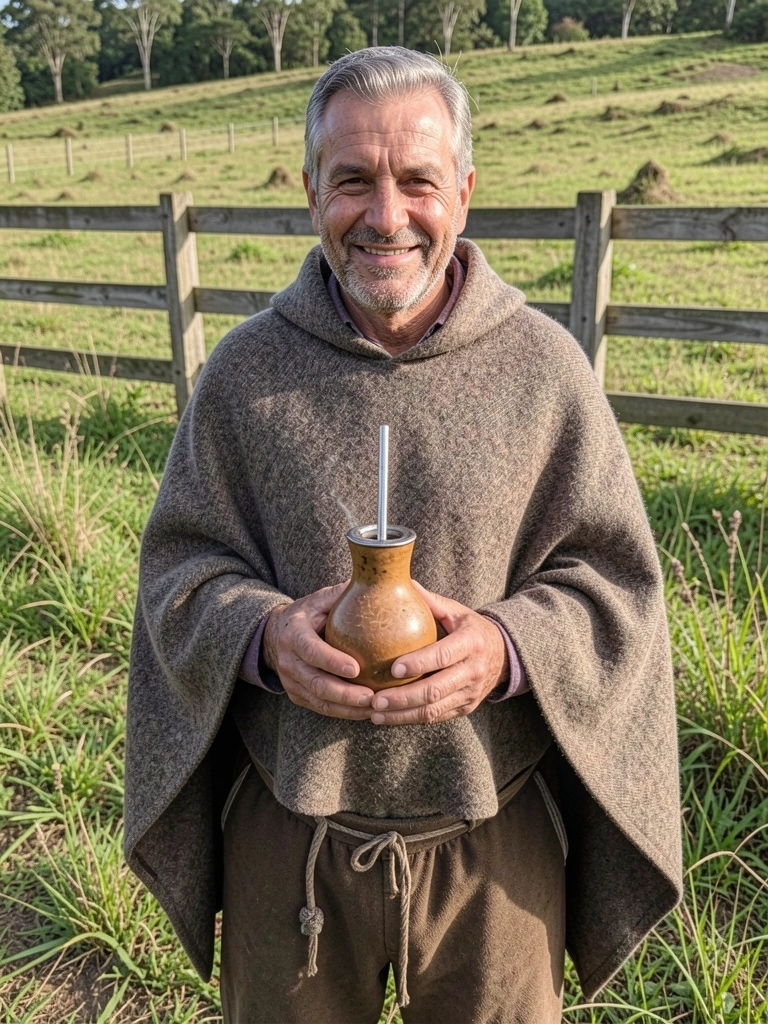 Homem vestindo bombacha, poncho e segurando chimarrão.