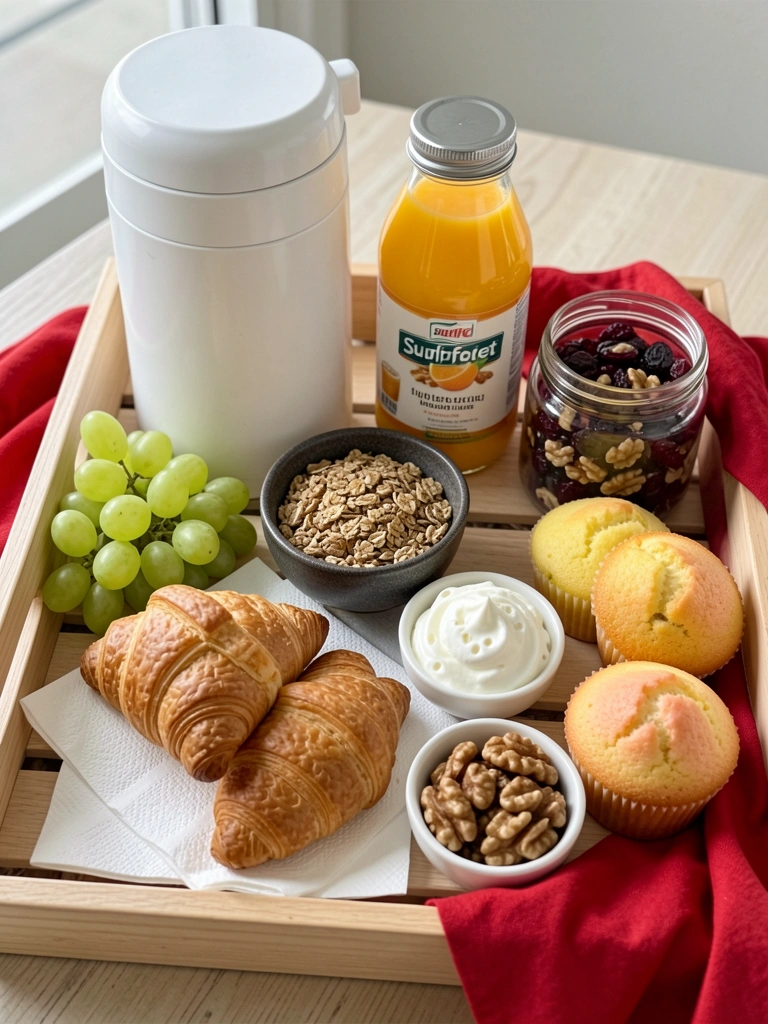 Itens de supermercado como pães, frutas e café organizados em uma cesta sobre uma mesa de madeira.