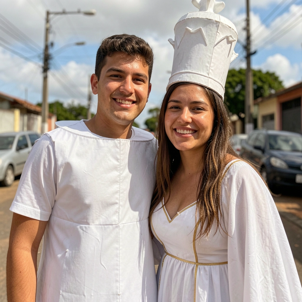 Casal fantasiado para festa à fantasia: um vestido de peão de xadrez branco, outro de rainha preta, em fundo neutro.