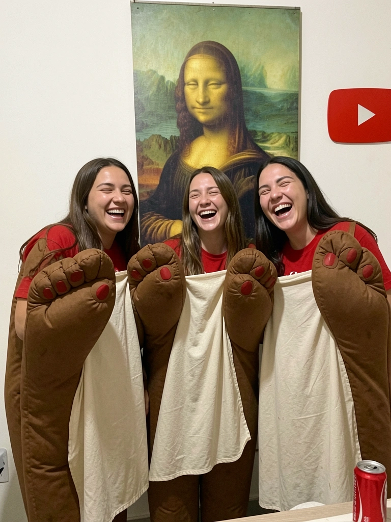 Grupo de amigas vestidas com fantasias coloridas dos anos 80 e de personagens, sorrindo juntas.