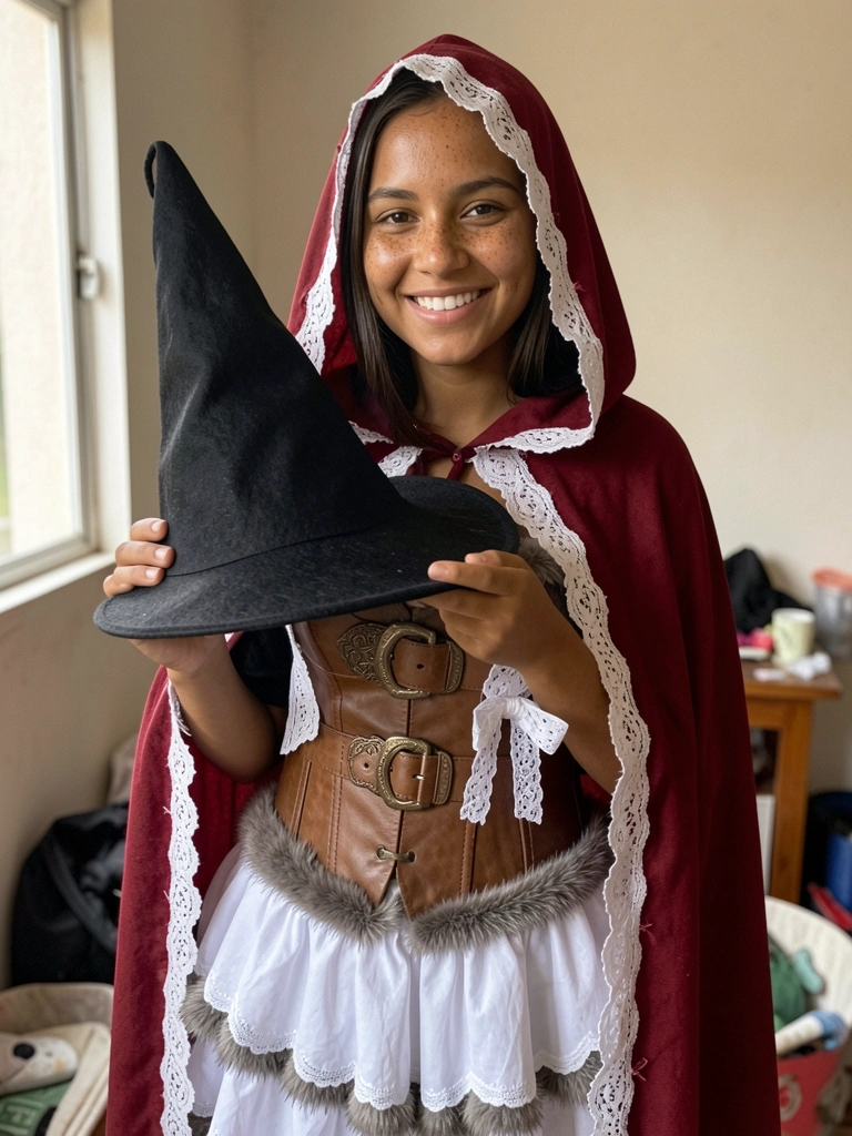 Mulher sorrindo com fantasia de bruxa, chapéu de feltro na mão, fundo neutro.