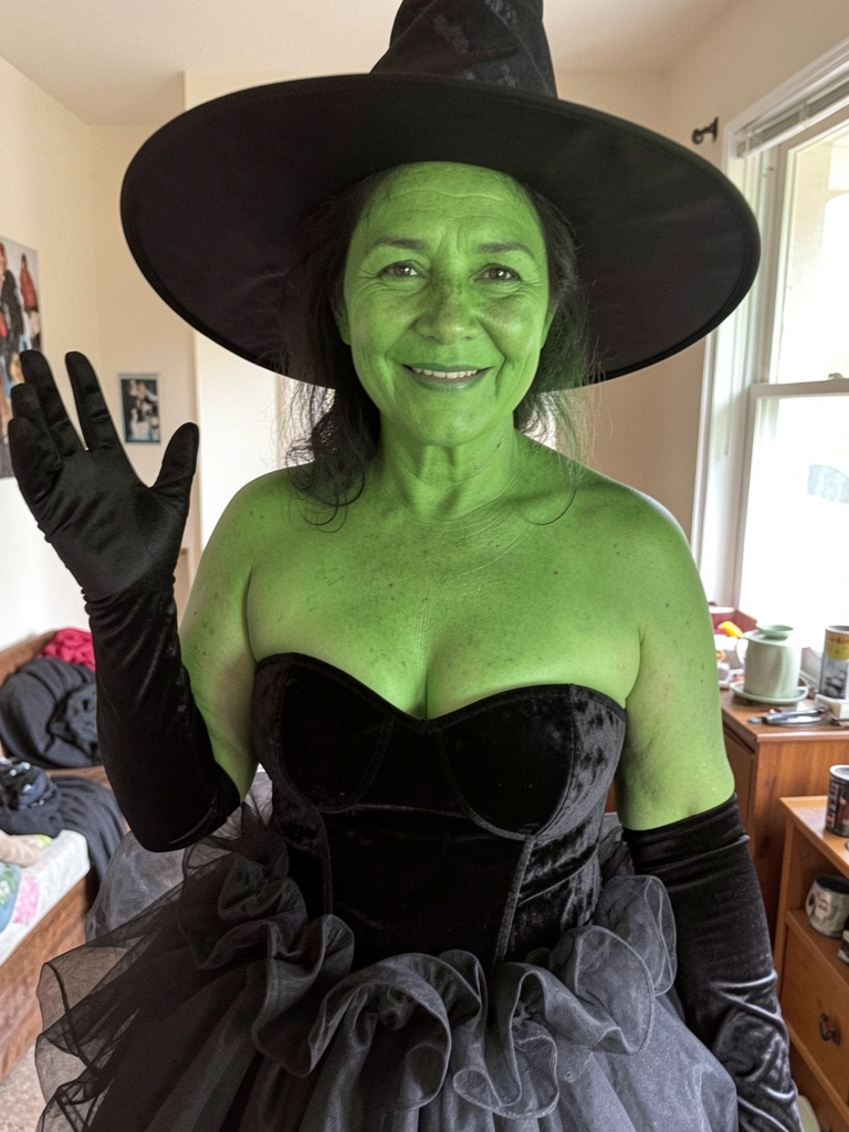 Colagem de cinco fantasias de Halloween: bruxa, vampira, gata, boneca e zumbi.