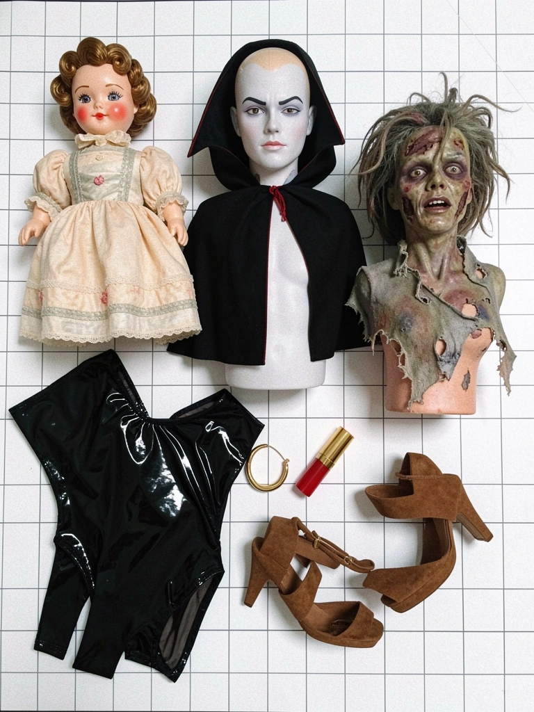 Três bustos femininos com fantasias de halloween: boneca, vampira e zumbi, com maquiagem e adereços criativos.