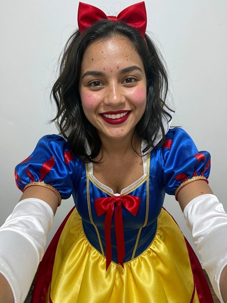 Modelo com vestido rodado, meias ¾, laços gigantes e maquiagem estilo boneca