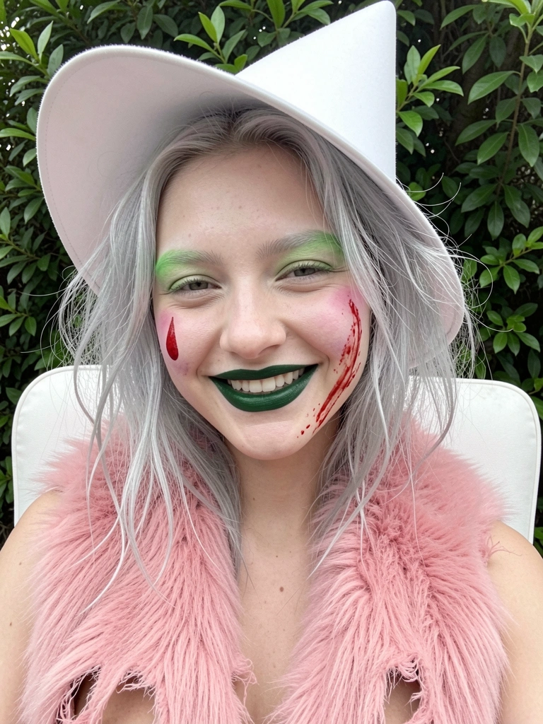 Pessoa com roupa rasgada, maquiagem pálida, manchas de sangue falso e cabelo bagunçado.