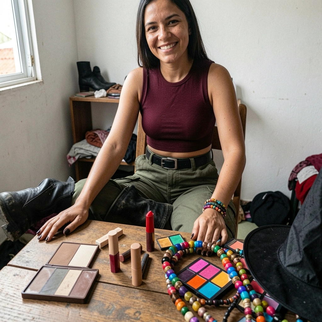 Mesa com maquiagem colorida, chapéu de bruxa, colares grandes e pulseiras sobre superfície clara.