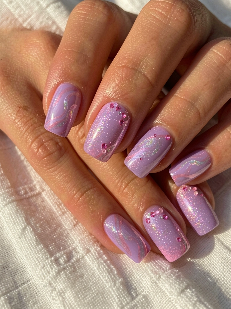 Mãos com unhas de gel decoradas em lilás e rosa cintilante, glitter holográfico e cristais rosas dispersos, fundo de tecido texturizado branco sob luz natural.