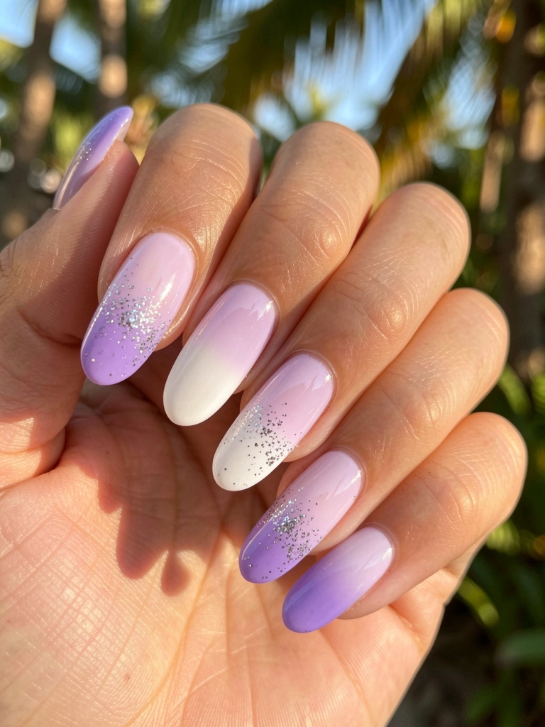 Mão com unhas em gel lilás ombré, glitter prateado e fundo desfocado com luz natural filtrada por folhagens.