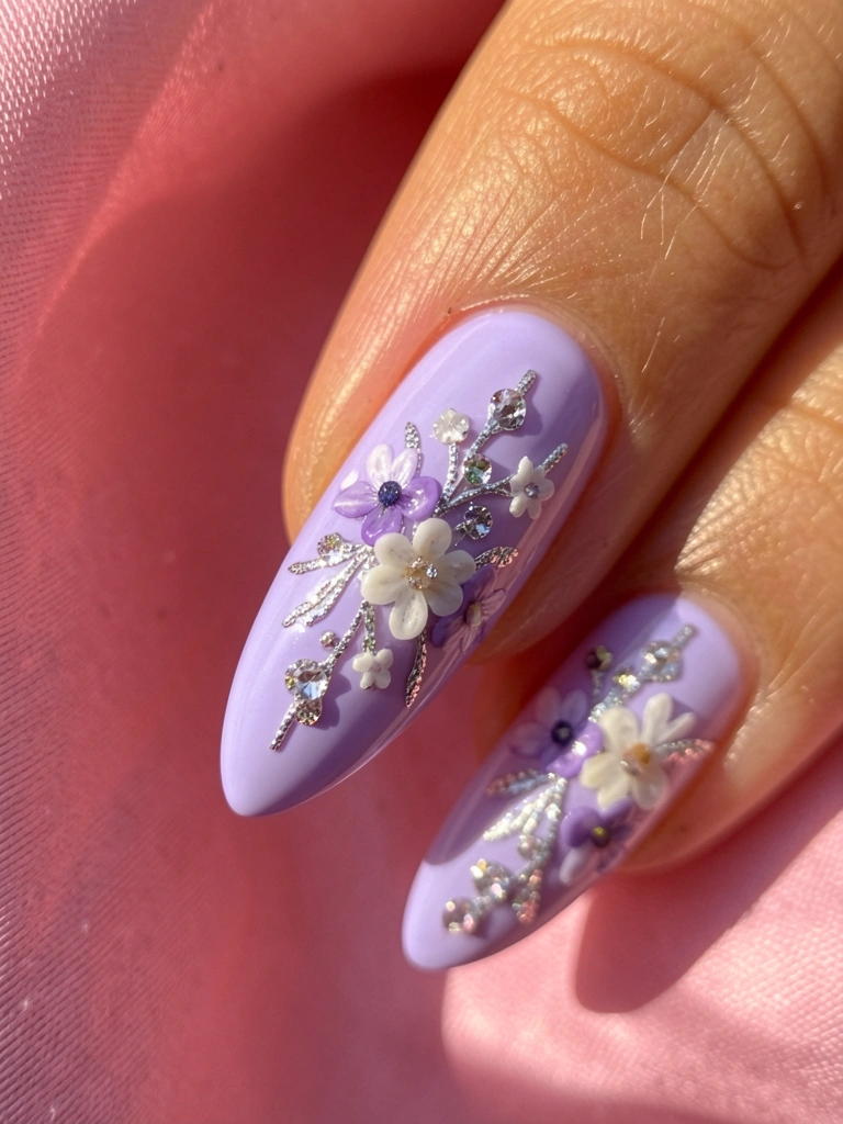 Unha lavanda alongada com buquê miniatura de flores brancas e roxas, ramos prateados e cristais brilhantes sob luz natural filtrada por pano rosa.
