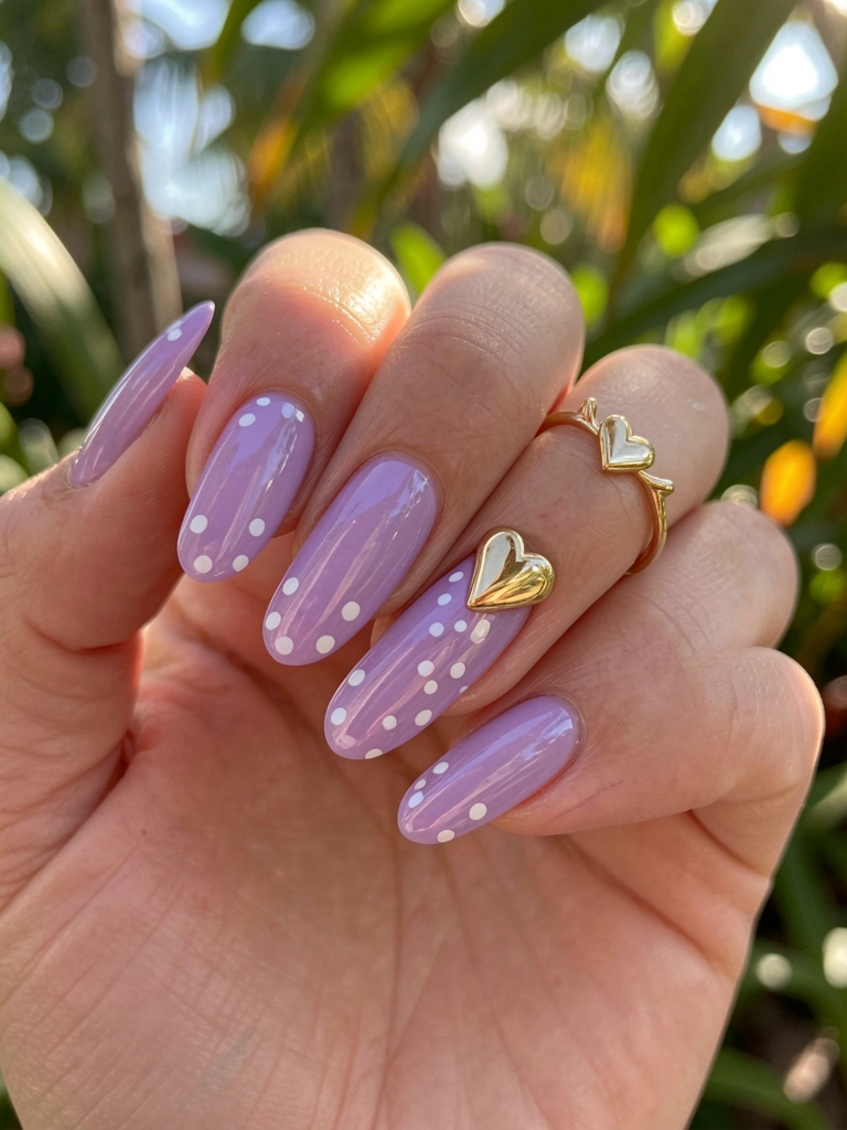 Mão com unhas francesinhas lavanda, anel de ouro em formato de coração no indicador e bolinhas brancas saindo da cutícula, luz natural suave e folhagem desfocada ao fundo.