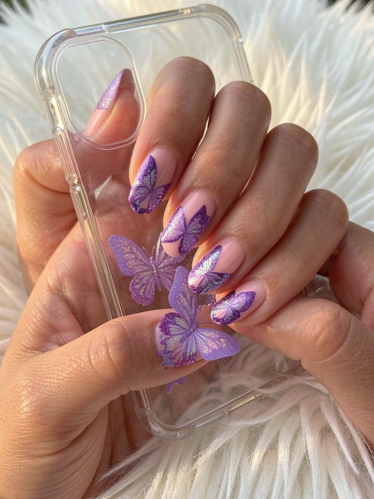 Mãos seguram estojo acrílico transparente com unhas decoradas em tons de lilás e borboletas de glitter iridescente, sobre fundo de pele falsa branca, luz natural difusa.