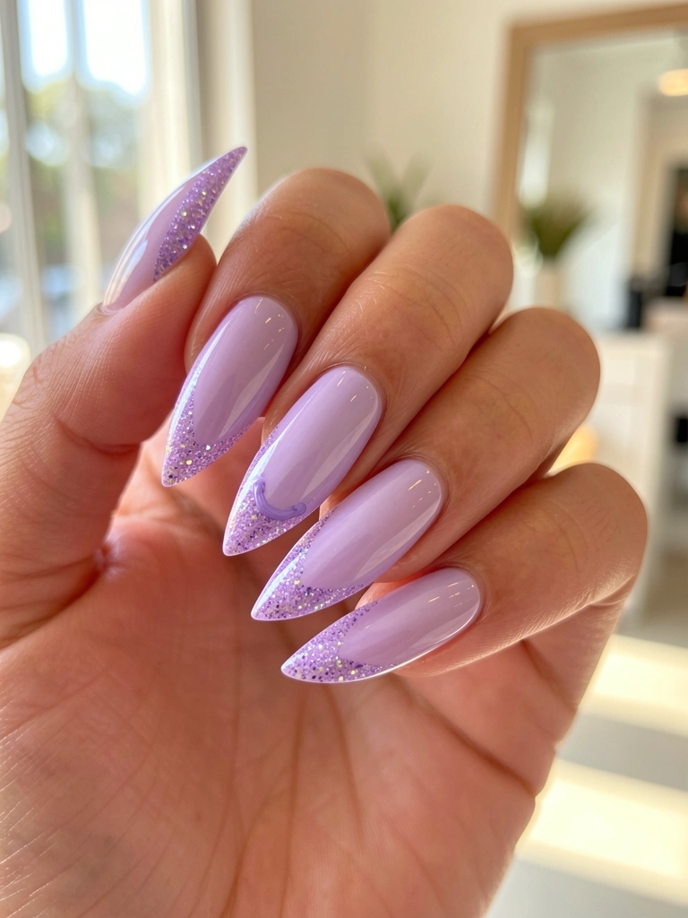 Mão segurando unhas de acrílico lavanda com glitter nas bordas e efeito ombré, fundo desfocado com luz natural.