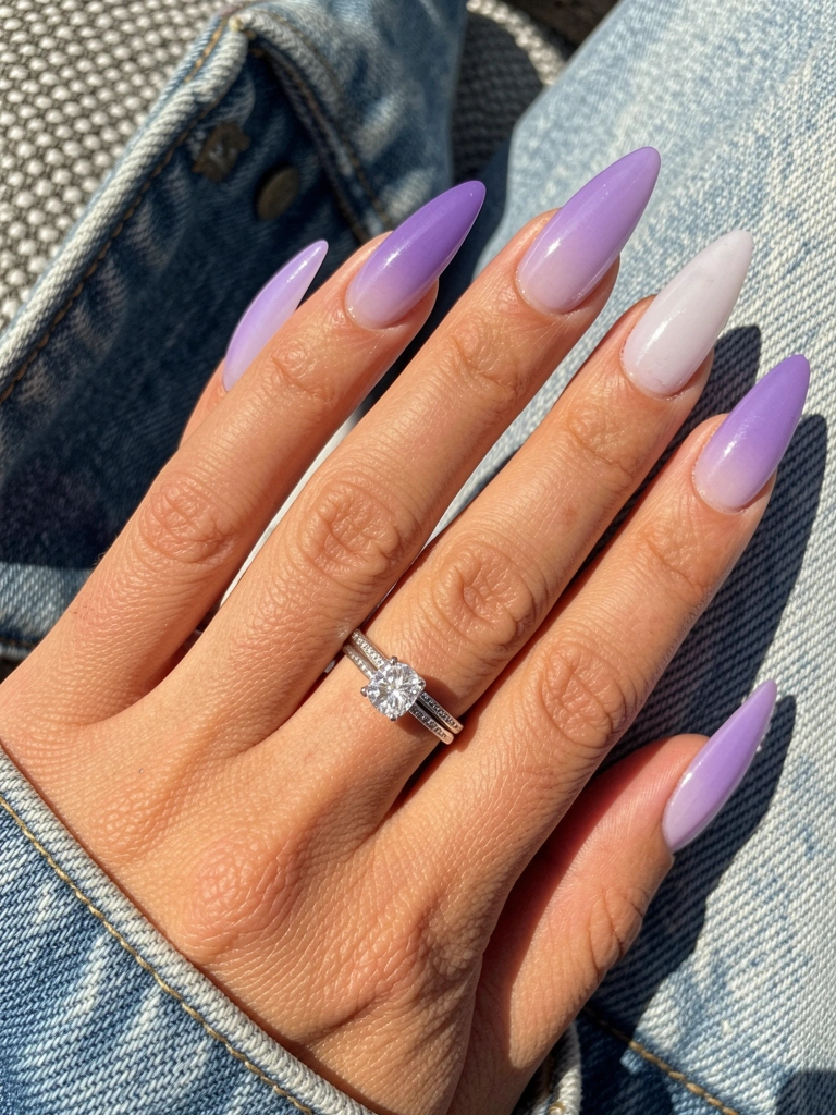 Mão com unhas longas em gel lavanda, efeito ombré do claro ao escuro, anel de prata com diamante grande, jaqueta jeans ao fundo, luz natural.
