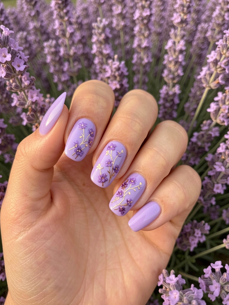 Mão exibindo unhas lilás com detalhes florais, fundo de lavanda em campo, luz natural difusa.