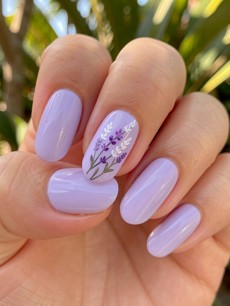 Mão com unhas lilás claras e detalhe floral branco e roxo em um dedo, luz natural suave e folhagem verde ao fundo.