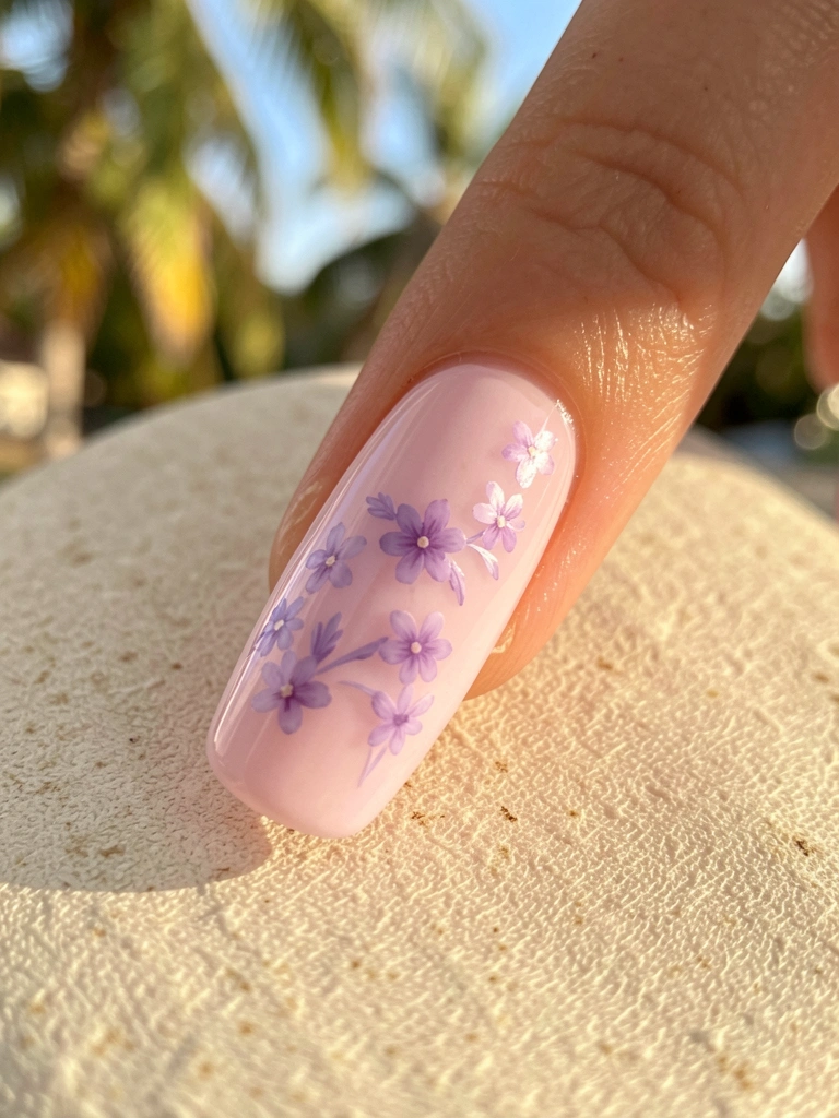 Unha de gel rosa claro com desenho floral lilás detalhado, superfície texturizada bege ao fundo e luz natural suave.