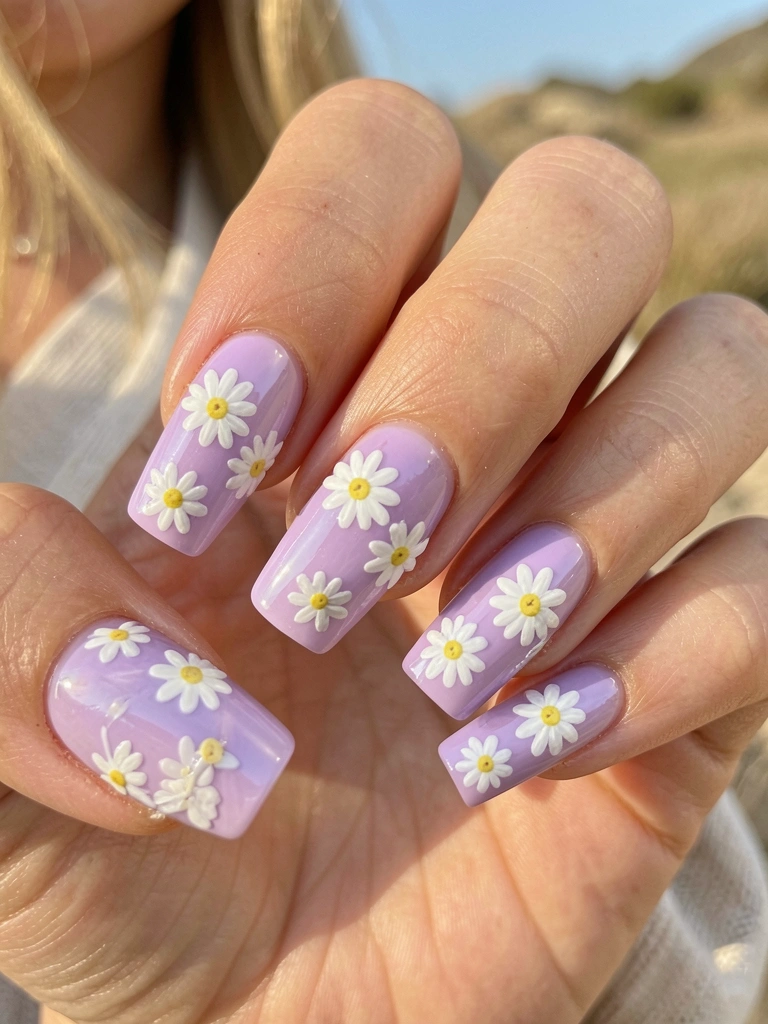 Mãos femininas com unhas em gel lilás ombré decoradas com margaridas brancas, luz natural suave e fundo desfocado arejado.