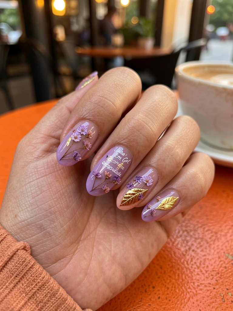 Mão com unhas encapsuladas roxas decoradas com flores secas e folhas douradas, sobre mesa laranja texturizada, fundo de cafeteria desfocado com luz vespertina.