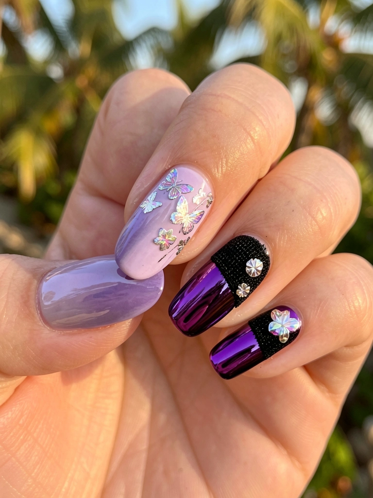 Unhas com gradient lavanda e roxo, arte de borboleta iridescente, acabamento cromado roxo profundo com malha preta e cristais, luz natural quente e fundo desfocado de folhagem tropical.