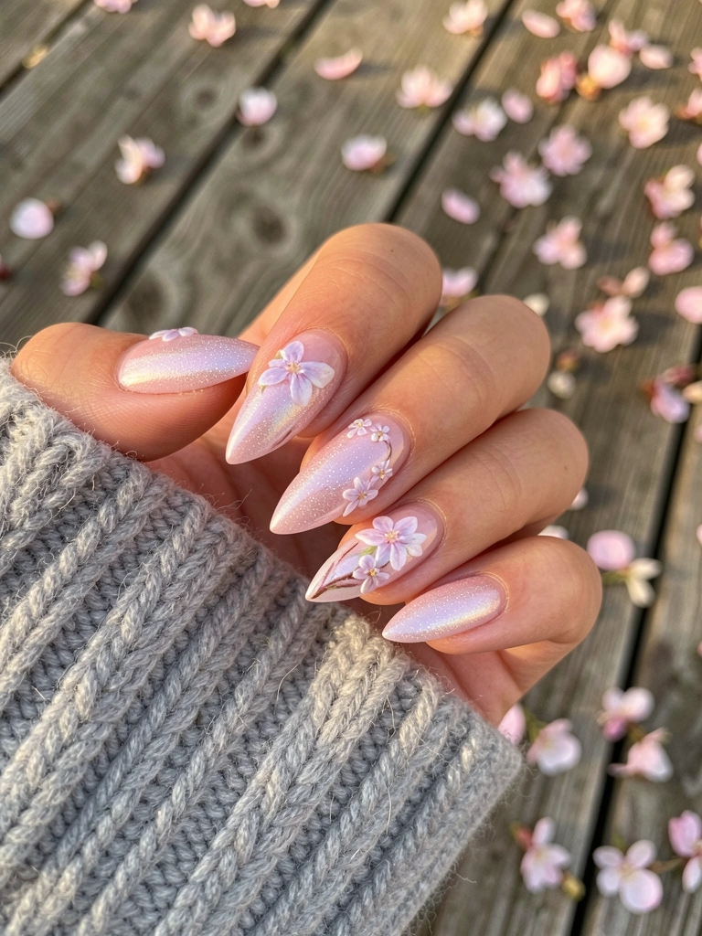 Mão com unhas decoradas em gradiente pastel iridescente e florais, sobre suéter cinza tricotado, deck de madeira com pétalas caídas, luz natural.