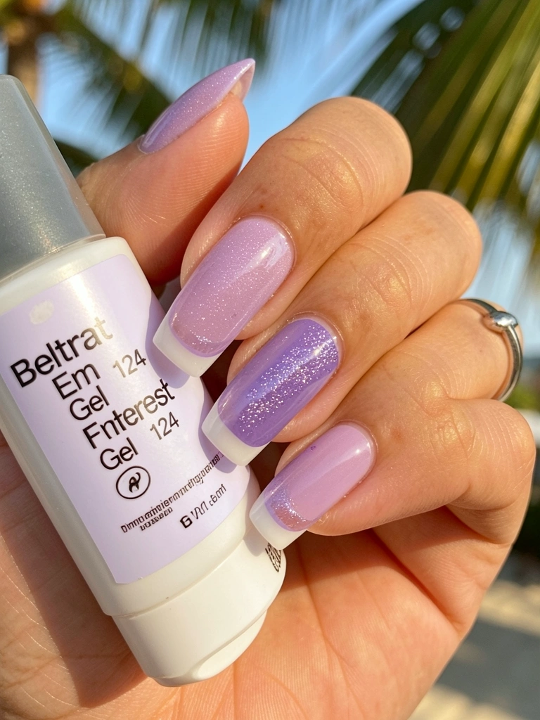 Mão com unhas em gel brancas e detalhe roxo brilhante, anel de prata, tubo de Beltrat Em Gel 124 ao lado, luz natural suave.