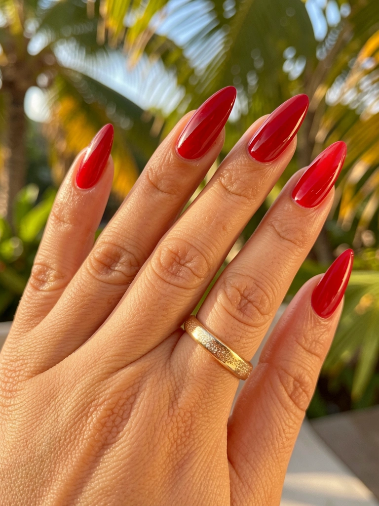 Mão feminina com unhas vermelho-cereja, anel dourado no dedo anelar, luz natural filtrada e fundo tropical desfocado.
