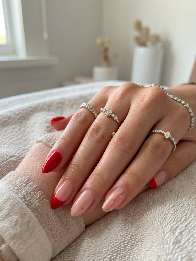 Mãos femininas com unhas vermelhas elegantes e anéis brilhantes sobre superfície texturizada, fundo minimalista desfocado