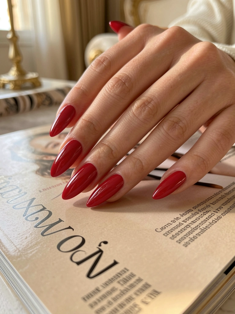 Mãos com unhas vermelhas brilhantes sobre revista de moda bege, luz natural e fundo desfocado com tons dourados.