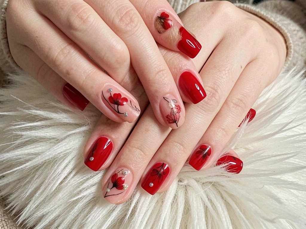 Mãos com unhas vermelhas decoradas com florais delicados, repousando sobre superfície felpuda em ambiente caseiro.