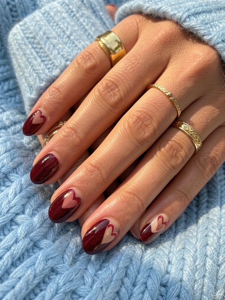 Mãos com unhas vermelho-escuro e nude decoradas com corações, anéis de ouro sobre suéter azul claro, luz natural suave.