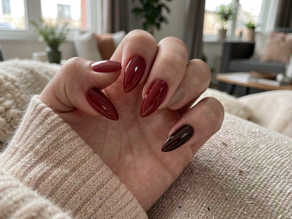 Mãos com unhas em formato amendoado, esmalte vermelho escuro com acabamento glossy e matte, sobre superfície texturizada, manga de suéter visível, fundo desfocado de sala moderna.