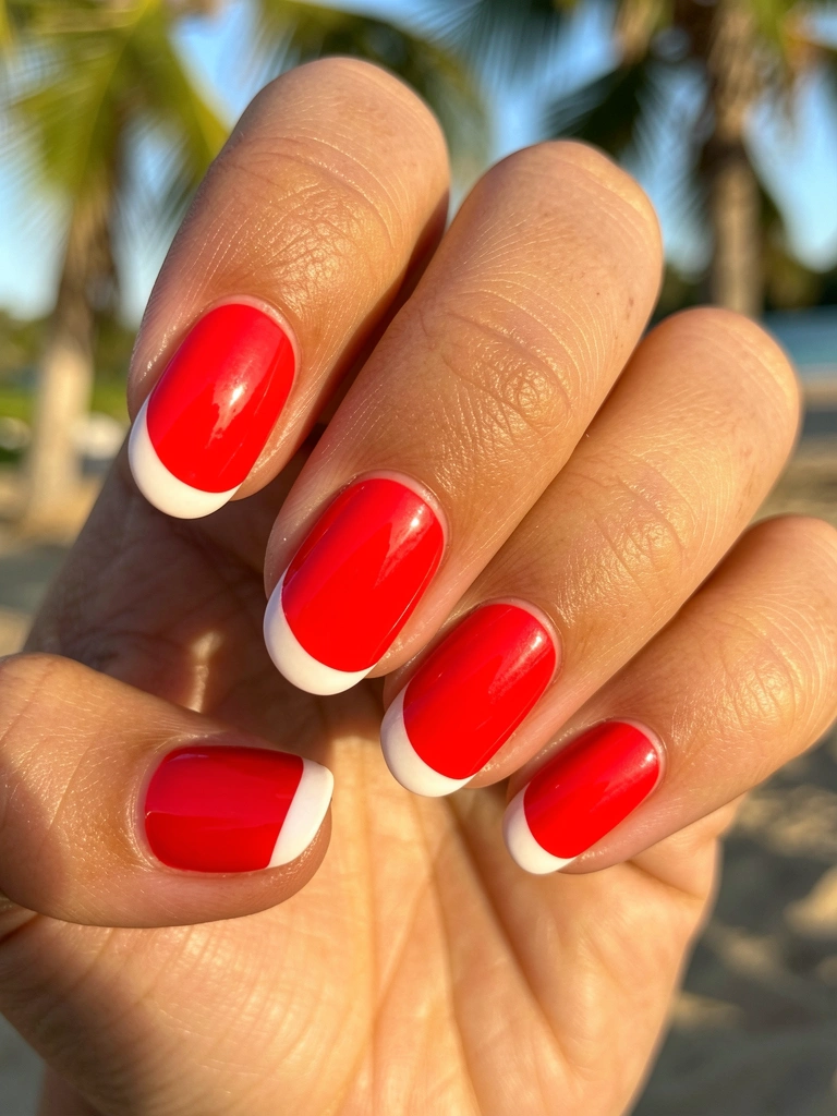 Mãos femininas com unhas vermelhas vibrantes e pontas brancas, luz natural intensa e fundo desfocado ensolarado.