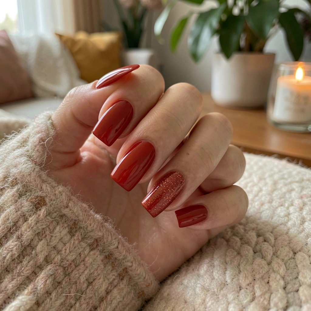 Mãos com unhas vermelhas e glitter sobre manta texturizada, com vela e planta ao fundo em ambiente acolhedor.