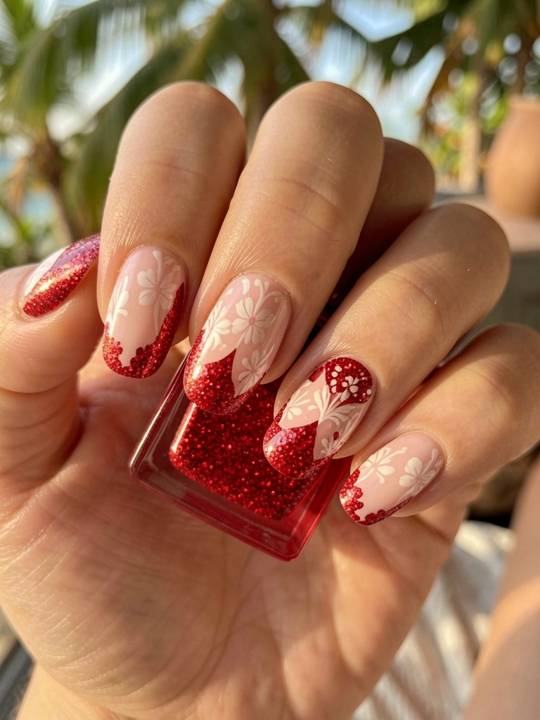 Mãos femininas com unhas rosa claro e florais brancos, pontas cobertas de glitter vermelho vibrante, luz natural suave e fundo desfocado.