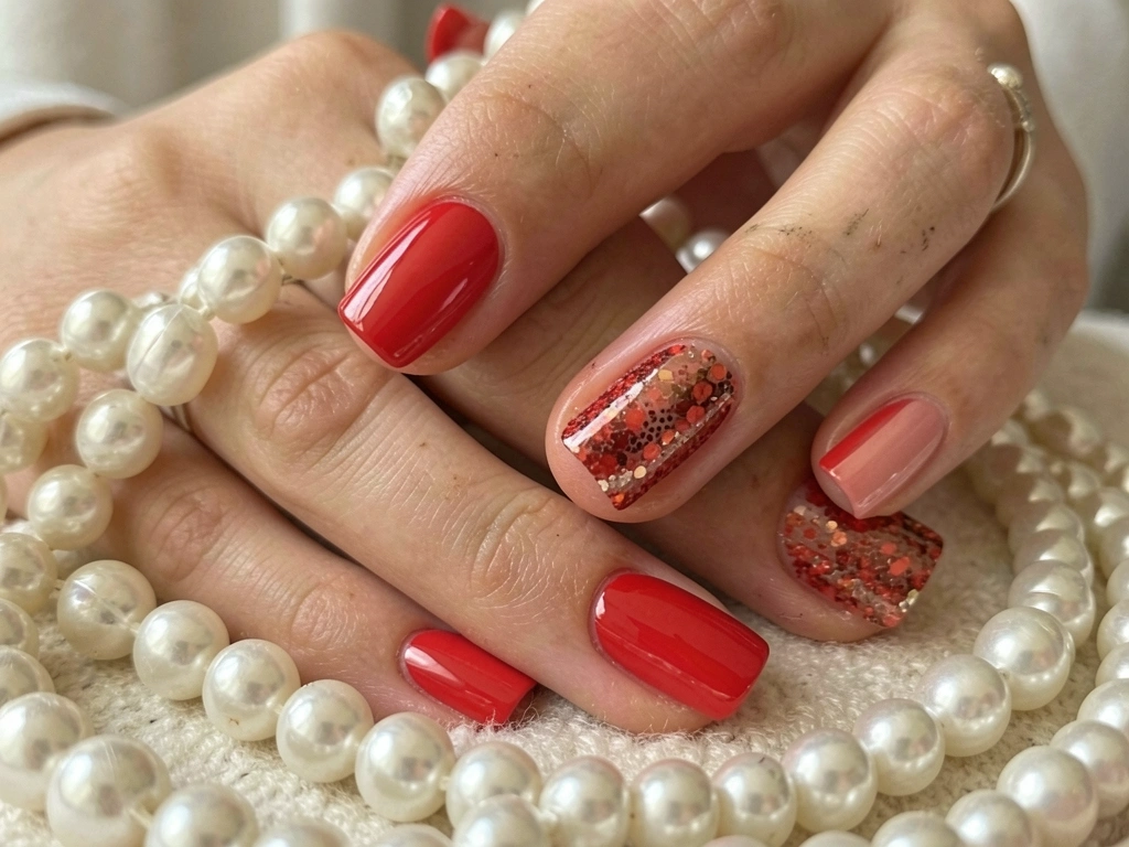 Mãos com unhas vermelhas brilhantes e detalhe glitter, segurando acessórios de pérola sobre superfície texturizada, fundo desfocado.