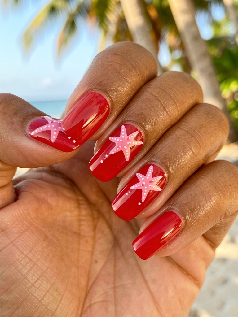 Mão feminina bronzeada com esmalte vermelho vibrante e alto brilho, estrela-do-mar rosa com pintinhas brancas, fundo tropical desfocado e luz natural.