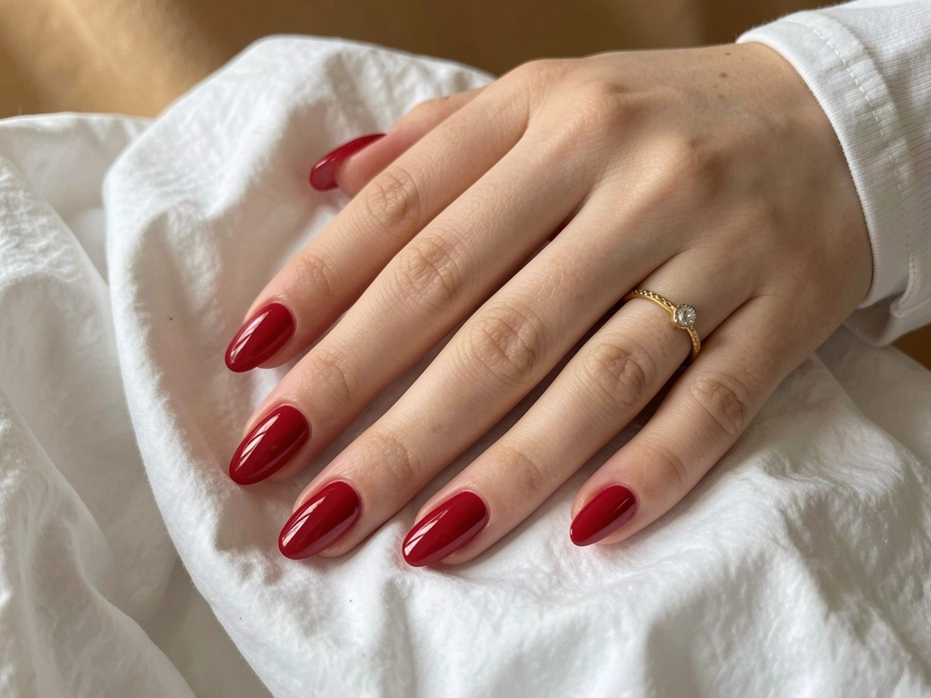 Mãos femininas com unhas vermelhas brilhantes e anel de ouro com pedra, sobre tecido branco amassado, fundo neutro quente, estilo casual elegante.